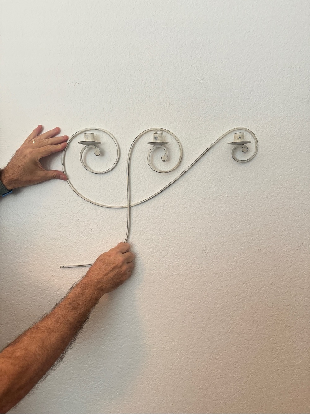 Vintage Pair White Decorative Metal Wall Candle Holder - 3-Arm Scroll Design